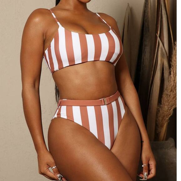 New Small‎ Fashion Nova Vacation Stripes 2 Piece Bikini Tan Rust Hi Cut Swim Set - Picture 1 of 6